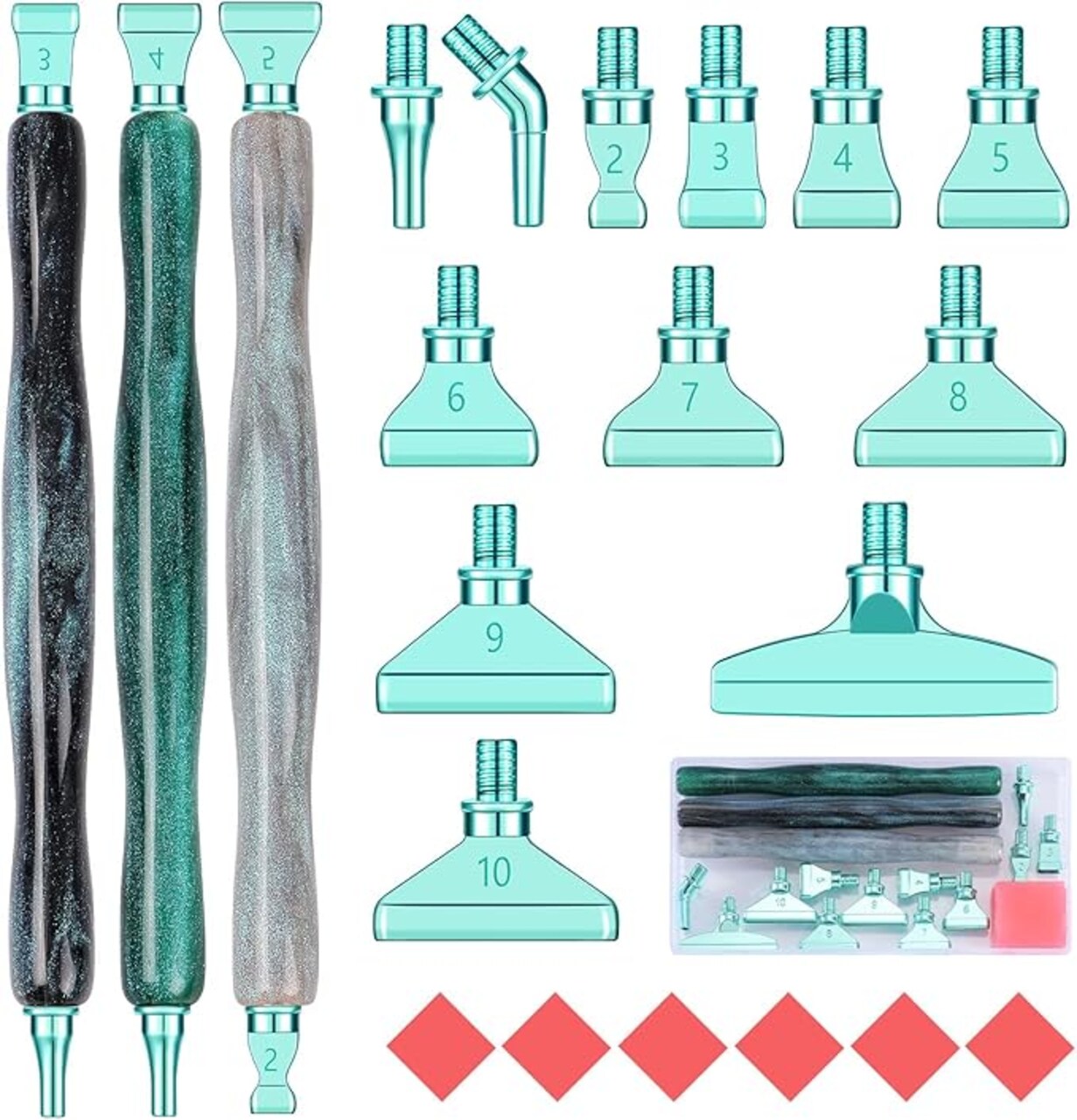 Diamond Painting Pen Accessories Tools Set,3PCS Glitter Diamond Art Pen and 12Pcs Green Metal Screw Thread Multi Placer Tips,Resin Diamond Painting Drill Pens for DIY Diamond Art
